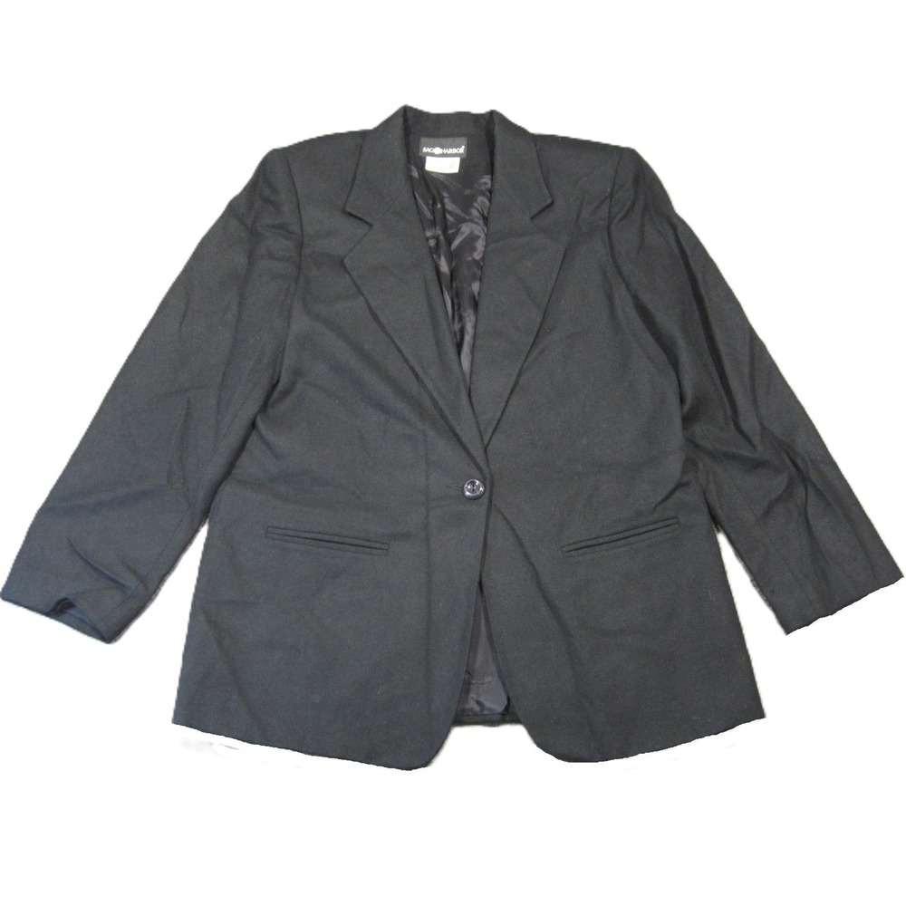 Vtg Sag Harbor Wool Blazer 14 Black One Button Lined Business Office Academia